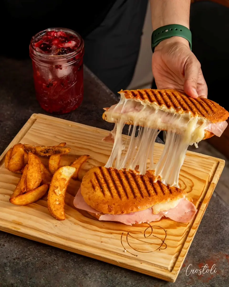 Panini clásico con queso fundido y papas gajo